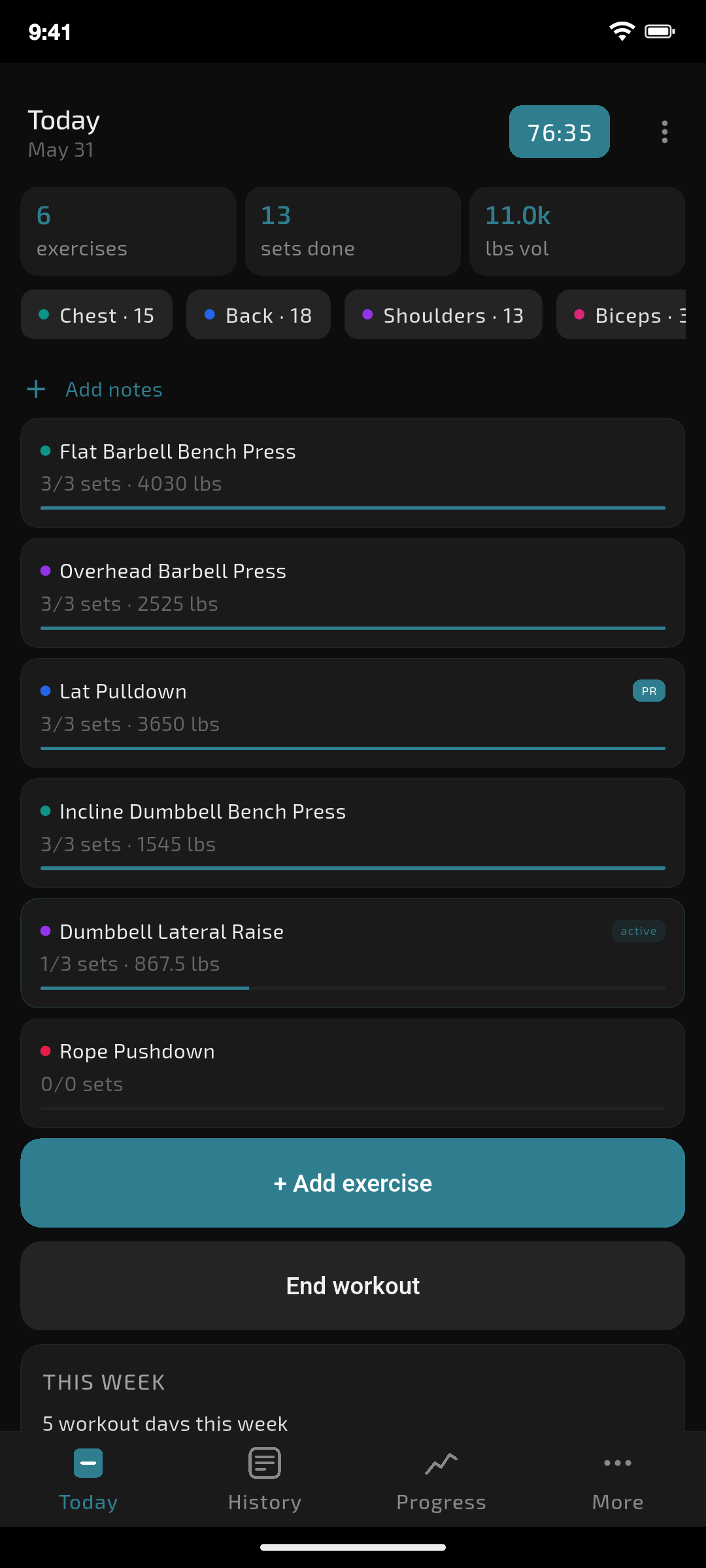 Today screen showing active workout