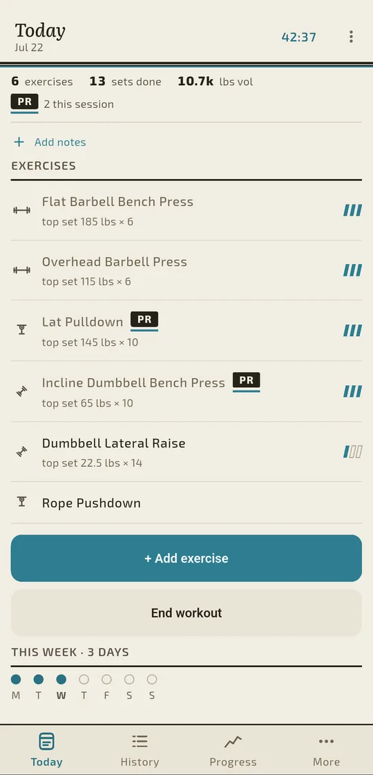 Badger's Today screen: an in-progress workout with six exercises, top sets, personal-record flags and set tally marks.