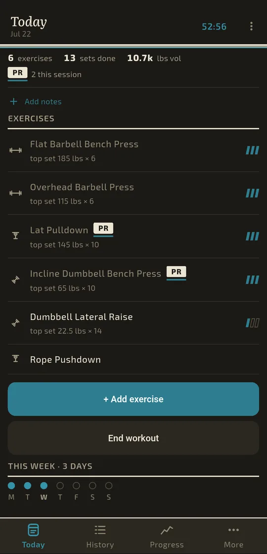 Badger's Today screen: an in-progress workout with six exercises, top sets, personal-record flags and set tally marks.