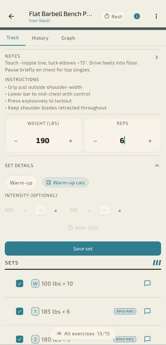 Badger's training screen: weight and reps entry for a bench press set, with warm-up and intensity options and the sets already logged below.