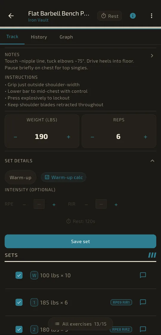 Badger's training screen: weight and reps entry for a bench press set, with warm-up and intensity options and the sets already logged below.